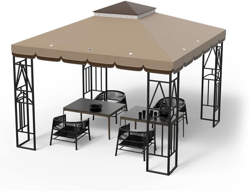 Morikoro 10x10 Canopy Replacement Top Canopy Cover Replacement 10x10 FT Double Tiered Gazebo Covers for Yard Patio Garden Canopy Sunshade (Coffee Liqueur+Brown with lace) Morikoro