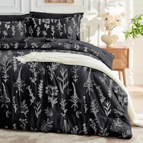 MUXHOMO Black King Comforter Set, Elegant Floral Print Bed in a Bag 7 Pieces, Ultra Soft & Breathable Reversible Botanical Pattern Bedding Set with Comforter, Sheets, Pillowcases, and Shams MUXHOMO