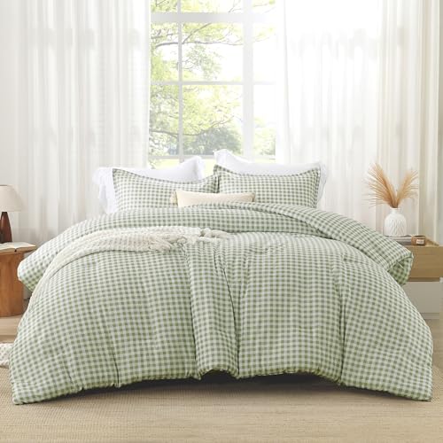 Andency Sage Gingham Comforter Set Full(79x90Inch), Green Checkered Grid Plaid Buffalo Bed Set for Girls Boys Kids Teens, 3 Pieces Lightweight Microfiber Geometric Preppy Bedding Andency