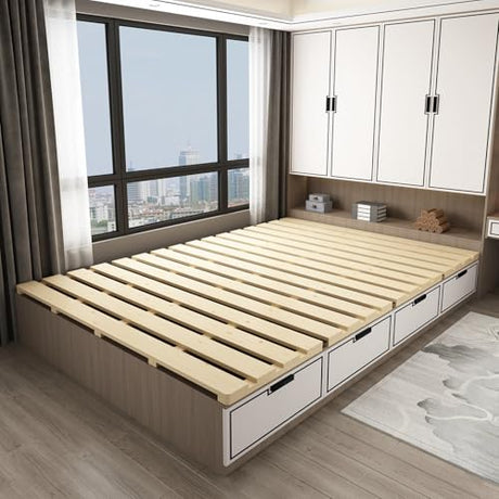 LOBOTOU Queen Size Foldable Wood Bed Slats, Breathable Wooden Mattress Support Base, Japanese Tatami Floor Bed Frame for Guest Bedroom, Easy to Store (Queen (U.S. Standard)) LOBOTOU