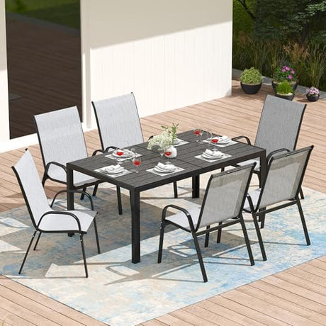PIZZELLO 7-Piece Outdoor Dining Set Patio Dining Set for 6 Outdoor Table and Chairs All Weather Outdoor Patio Set w/Stackable Patio Chairs and HDPE Dining Table for Backyard, Garden and Poolside PIZZELLO