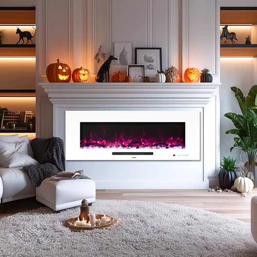 Oxhark Flame 50 inch Electric Fireplace, Recessed & Wall Mounted Fireplace Heater with Remote Control and 750/1500W Thermostat, Multicolor Flame Combinations, Logs & Crystal, White Oxhark Flame