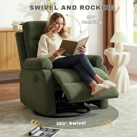 GAOHAPY Rocking Recliner Chair,Modern Swivel Glider Recliner Chair,Corduroy Fabric Upholstery Recliner,Manual Reclining Sofa Chair for Living Room,Office,Apartment (Green) GAOHAPY