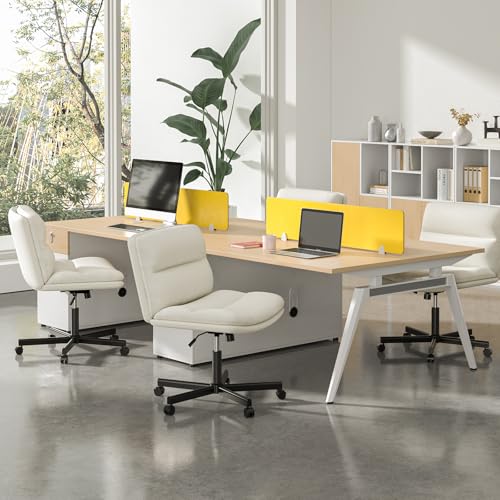 Rfiver Ergonomic Armless Criss Cross Chair with Height Adjustable and Swivel, Wide & Thickened Cushion Cross Legged Vanity Chair, Comfortable PU Leather Desk Chair for Computer Task and Make Up, White Rfiver