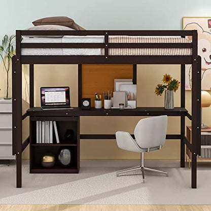 DEYOBED Espresso Wooden Twin Size Loft Bed with Desk, Writing Board, and Drawers