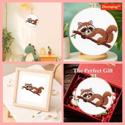 Zhenqing Raccoon Cross Stitch Kit for Beginners, 11CT Printed 20x20cm with 16cm Hoop, Cute Animal on Branch Embroidery Set (70740)
