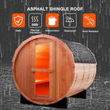 ZONEMEL Outdoor Barrel Steam Sauna, Canadian Red Cedar Sauna Room for 4-6 Person with 6KW Sauna Heater, Volcanic Stones, Asphalt Shingles, 8mm Tempered Glass, 220V, 195°F ZONEMEL