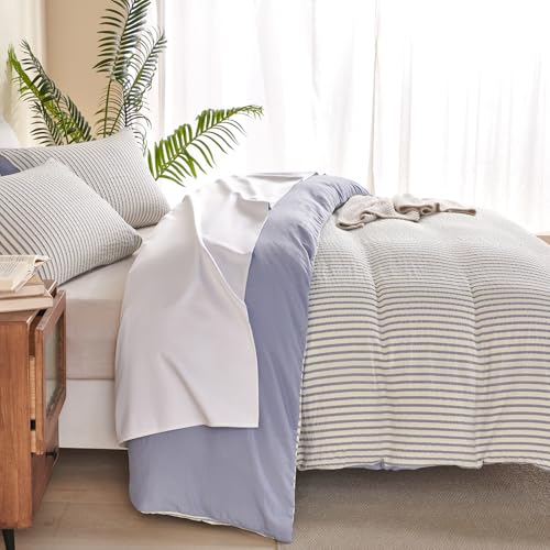 BUPIRD Comforter Set King Striped Blue 100% Soft Washed Microfiber Jacquard 3 Pieces King Striped Bedding Sets Blue White Comforter for All Seasons and 2 Pillowcases Comfort Breathable BUPIRD