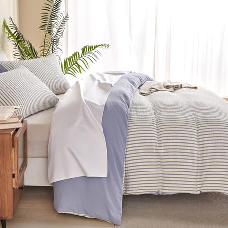 BUPIRD Comforter Set King Striped Blue 100% Soft Washed Microfiber Jacquard 3 Pieces King Striped Bedding Sets Blue White Comforter for All Seasons and 2 Pillowcases Comfort Breathable BUPIRD