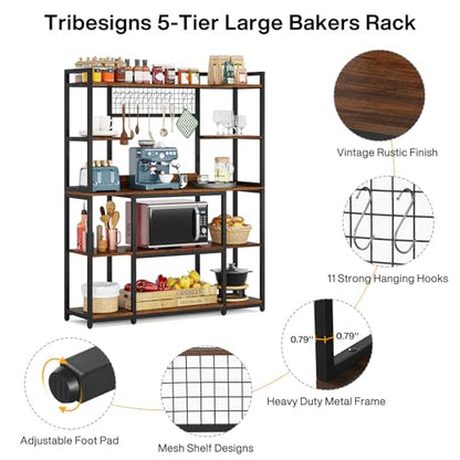 LITTLE TREE 5 Tiers Bakers Rack, 70" Kitchen Hutch Microwave Stand with 11 Hooks, 55" Extra Wide Kitchen Storage Shelf Rack, Wood Baker’s Rack with Hutch for Kitchen, Brown