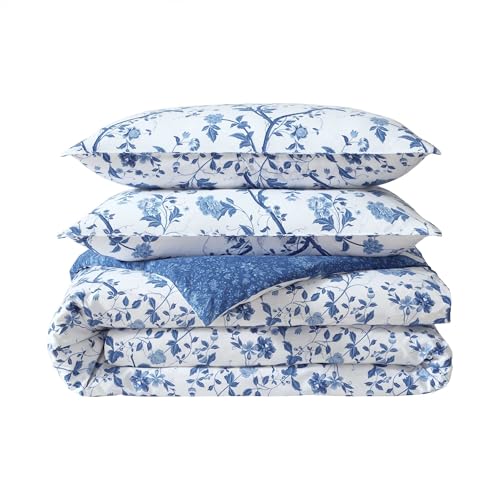 Laura Ashley - King Comforter Set, Reversible Cotton Bedding, Includes Matching Shams with Bonus Euro Shams & Throw Pills (Elise Blue, King) Laura Ashley