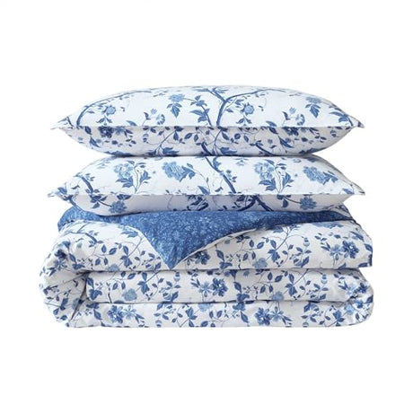 Laura Ashley - King Comforter Set, Reversible Cotton Bedding, Includes Matching Shams with Bonus Euro Shams & Throw Pills (Elise Blue, King) Laura Ashley