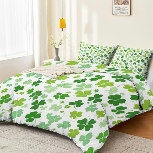 Aesthetic Duvet Cover Set Green - Single 3-Piece Double-Sided Printed Bedding with Minimalist Clover Modern Design, Ultra-Soft Microfiber Quilt Cover with Zipper for a Calm Generic