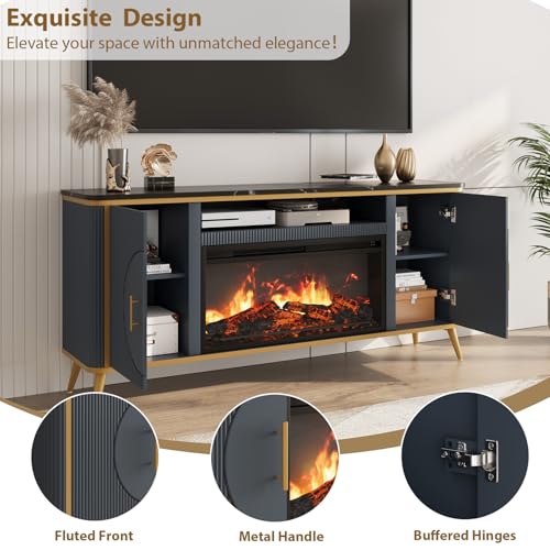 Fluted Fireplace TV Stand Up to 80" TVs, Modern Entertainment Center with 30" Electric Fireplace, Luxury Media Console with Adjustable Shelves for Living Room, Navy Blue RNLRNL