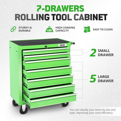 DNA MOTORING 7-Drawer Rolling Tool Cabinet Chest with Keyed Locking System Non-Slip Mat, for Garage Warehouse Workshop, Green, TOOLS-00399 - WoodArtSupply