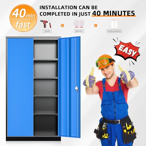 INTERGREAT Metal Storage Cabinets 72” Black Blue Garage Steel Storage Cabinet with Doors and Shelves, Steel File Cabinet for Home Office, Basement, Warehouse, Classroom（Anti Tipping） INTERGREAT