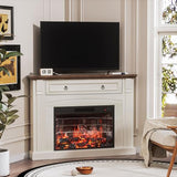 AHB Corner TV Stand with Remote Control, Electric Fireplace with Wooden Mantel, Entertainment Center with Efficient Heating System, Adjustable Brightness Realistic Flame(White) AHB