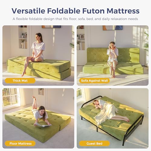 MAXYOYO 8" Full Size Folding Mattress with Handles, Tufted Foldable Couch Bed(Frame Not Included), Versatile Folding Mattress for Floor Sleeping, Living Room & Guest Room, Green MAXYOYO