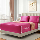 VACVELT 3pcs Extra Deep Pocket Satin Fitted Sheet Set Full Bed Set, Hot Pink Bottom Sheet Fit 18-24 Inch Deep Pocket Mattress, Silky Bedding Set Soft & Ultra Deep Fitted Sheet & 2 Pillowcase VACVELT
