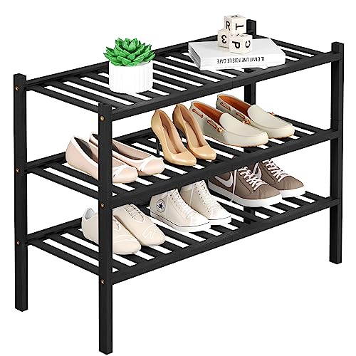 ROMGUAR CRAFT 3 Tier Bamboo Shoe Rack for Closet Free Standing Wood Shoe Shelf Storage Organizer for Entryway Small Space Stackable 27"x11"x20" (Black) ROMGUAR CRAFT