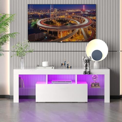 HOUAGI LED TV Stand for Televisions up to 55 Inchs, Black Modern Entertainment Center with Storage Drawer and Glass Shelf, TV Console Table for Living Room,Bedroom, 50in HOUAGI