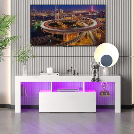 HOUAGI LED TV Stand for Televisions up to 55 Inchs, Black Modern Entertainment Center with Storage Drawer and Glass Shelf, TV Console Table for Living Room,Bedroom, 50in HOUAGI