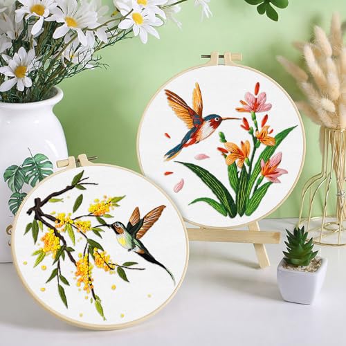ERKOON 3 Sets Embroidery Kit, Hummingbird Cross Stitch Set for Include Embroidery Cloth Hoops Threads for Craft Lover Hand Stitch (Hummingbird)