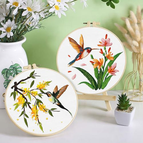 ERKOON 3 Sets Embroidery Kit, Hummingbird Cross Stitch Set for Include Embroidery Cloth Hoops Threads for Craft Lover Hand Stitch (Hummingbird) ERKOON