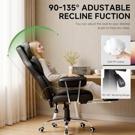 COMHOMA Big and Tall Office Chair, High Back Leather Gaming Chair with Footrest, Executive Ergonomic Office Chair with Pocket Spring Lumbar Support and with Outward Fixed Soft Armrests COMHOMA