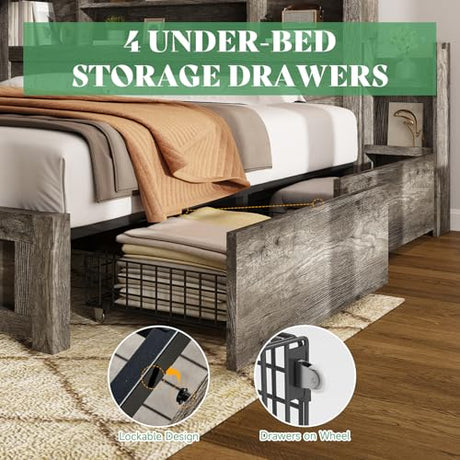 AMERLIFE Queen Bed Frame with 4 Storage Drawers, LED Bed Frame with 49“ Tall Bookcase Headboard, Wood Platform Bed with Charging Station & 2 Slide Bedside Shelf, No Box Spring Needed/Rustic Grey AMERLIFE