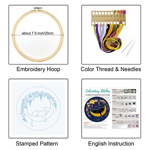 Louise Maelys Cat Moon Embroidery kit for Beginners,Cross Stitch Kits for Adult Including Cloth,Hoop, Color Threads,Needles and Instruction