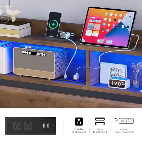 YITAHOME Queen Bed Frame with 2-Tier Storage Headboard, Metal Platform Bed Frame with Charging Station & LED Lights, Noise-Free/Metal Support/No Box Spring Needed, Rustic Brown YITAHOME