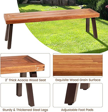 Tangkula Outdoor Acacia Wood Bench, Patio Dining Bench Picnic Bench with Steel Legs, Wooden Bench for Porch Garden Poolside Living Room Balcony, Ideal for Indoor & Outdoor Use (1, Teak)