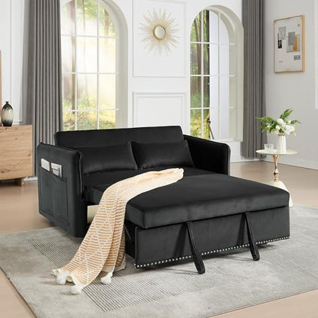 HKYYUANQI Velvet Small Loveseat Lounge Couches, 3 in 1 Convertible Sleeper Futon Sofa Bed with Reclining Backrest and Side Pockets for Living Room, Pull-Out Couch HKYYUANQI