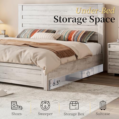 LUXOAK Distressed White Farmhouse Queen Bed Frame with 49" Tall Headboard and Hidden Metal Support LUXOAK