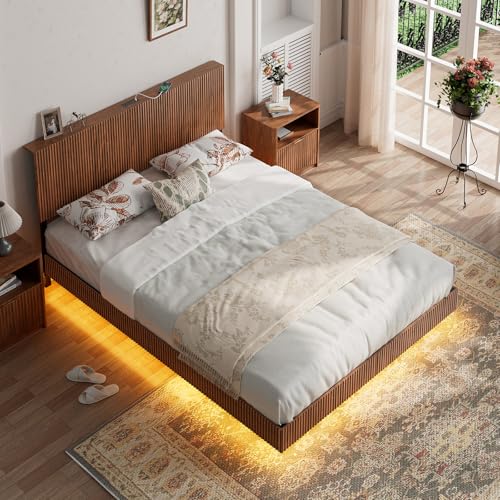 Evermagin Walnut Queen Floating Bed Frame with Headboard, Mid Century Modern Fluted Platform Bed with LED Lights, Heavy Duty Floating Bedframe with Charging Station, No Box Spring Needed Evermagin
