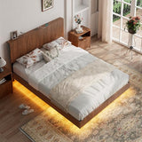 Evermagin Walnut Queen Floating Bed Frame with Headboard, Mid Century Modern Fluted Platform Bed with LED Lights, Heavy Duty Floating Bedframe with Charging Station, No Box Spring Needed Evermagin