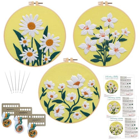 Louise Maelys 3 Sets Flowers Embroidery Kits for Beginners,Cross Stitch Kit for Adults,DIY Needlepoint for Starters Including Florals Pattern, Hoop,Instruction and Threads Louise Maelys