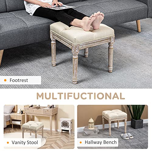 HOMCOM 16" Vintage Ottoman, Tufted Foot Stool with Upholstered Seat, Rustic Wood Legs for Bedroom, Living Room, Beige - WoodArtSupply