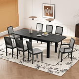 Merax 9 Pieces Dining Table Set, Rustic Extendable 84inch Dining Table Set with 24inch Removable Leaf, 6 Upholstered Armless Dining Chairs and 2 Padded Arm Chairs, Black+Gray Cushion Merax