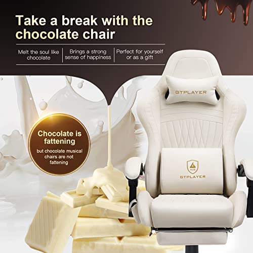 GTPLAYER Gaming Chair, Computer Chair with Footrest and Bluetooth Speakers, High Back Ergonomic Gaming Chair, Reclining Gaming Chair with Linkage Armrests for Adults by GTRacing (Leather, Ivory) GTPLAYER