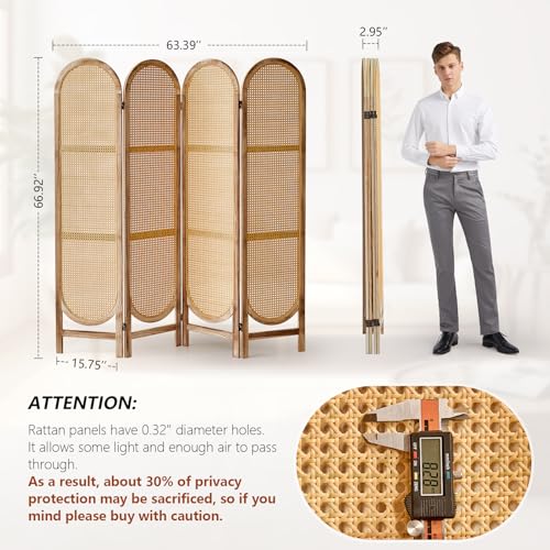 Aletheiawu 4 Panel Room Divider, 5.6 Ft Foldable Wood Room Divider Screen, Hand-Woven Rattan Folding Privacy Screens with Double Hinges, Wall Divider for Room Separation Bedroom Home Office - Natural Aletheiawu
