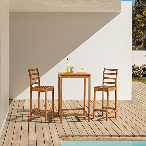 Barre 3-Piece Acacia Wood Bar Height Bistro Set, Weatherproof Outdoor Patio Furniture with Ergonomic Chairs and 28 in. x28 in. Table, Natural Finish Alaterre Furniture