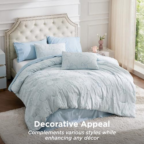 Bedsure Dusty Blue Comforter Set Queen, GentleSoft™ 3 Pieces Breathable Bow Comforter Set Women Girls with 2 Pillow Shams, Cute Queen Bedding Sets Room Decor Aesthetic Bedroom Decor, 90x90 Inches Bedsure