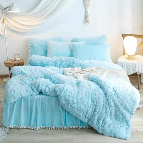 HAIHUA Plush Blue Comforter Cover Twin Set, Furry Blue Girls Twin Bedding Set 2 Pieces (1 Shaggy Duvet Cover + 1 Faux Fur Plush Pillow Cases) Girls Fuzzy Bed Set, Fluffy Bed Set, Zipper Closure HAIHUA