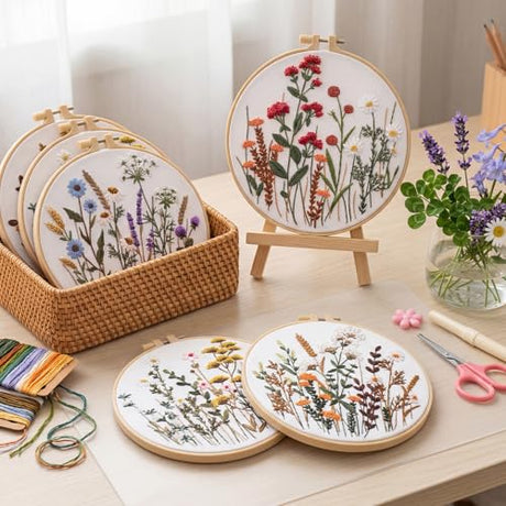 6 Pack Embroidery Kit for Beginners and Adults, Flower Cross Stitch Kits Needlepoint Kits, Hand Embroidery Kit Includes 6 Floral Embroidery Patterns, 1 Embroidery Hoop, Instructions and Other Tools Hokoad