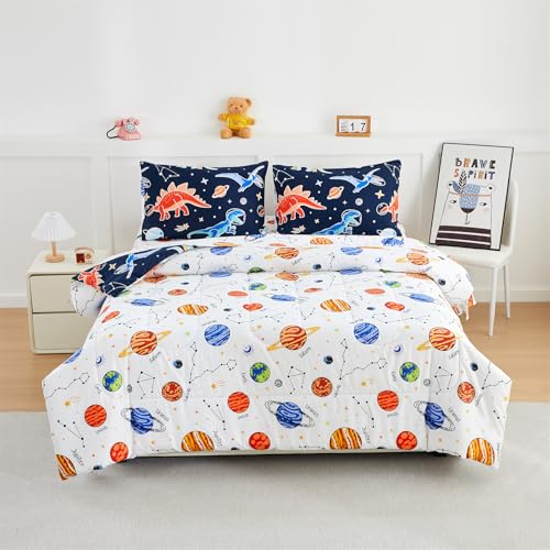 NTBED Dinosaur Kids Comforter Set Twin Size 5 Pieces Bed in A Bag for Boys Girls,Glow in The Dark Space Planet Bedding Set with Sheet NTBED