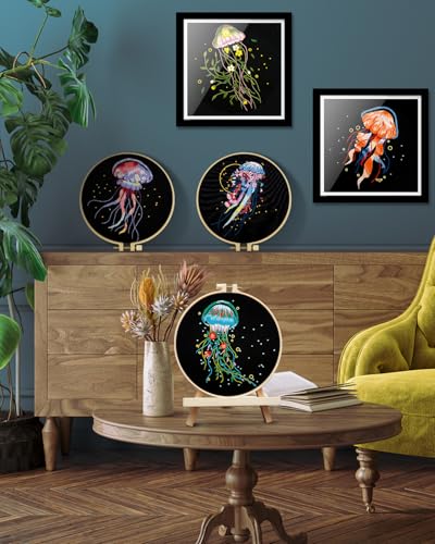 TINDTOP Embroidery Kit for Adults, 5 Sets Jellyfish Embroidery Kit for Beginners Include Embroidery Cloth Hoops Threads for Craft Lover Hand Stitch with Embroidery Skill Techniques TINDTOP