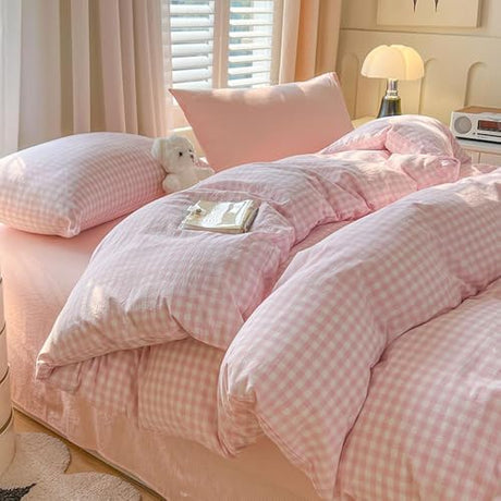 Nayoroom Gingham Duvet Cover Queen Size Pink White Plaid Checkered Comforter Cover 3 Pcs Soft Breathable Washed Microfiber Grid Farmhouse Bedding Set with Pillow Shams Nayoroom