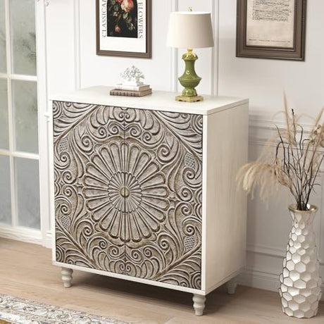 COSIEST 32" W Sideboard Buffet Cabinet with Storage, Accent Cabinet with 2 Push-to-Open Magnetic Doors, Vintage MDF Buffet Table for Living Room, Kitchen, Hallway (Gray,Flower Pattern) COSIEST